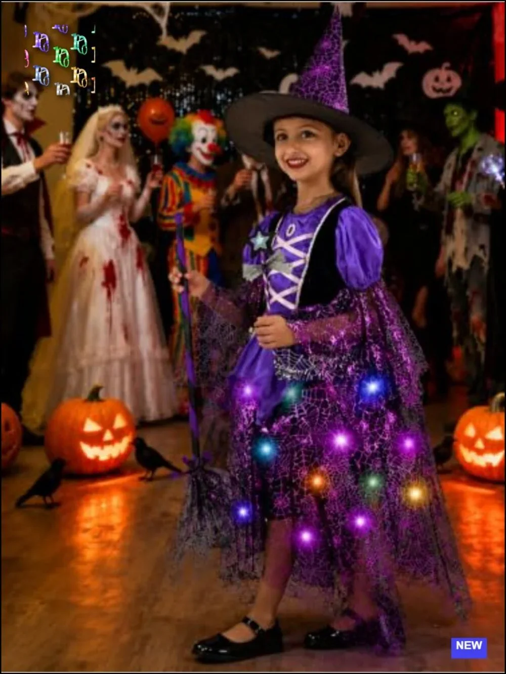 Kids Witch Costume with LED Lights – Halloween Dress, Hat, Broomstick, Wand,
